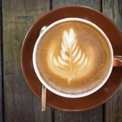 A latte with a leaf of latte art on a brown saucer