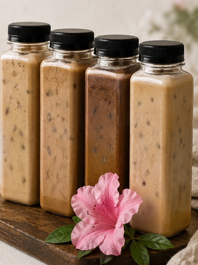 Four bottled iced lattes from Azalea Caffeine Collective on a wooden board beside a pink azalea bloom